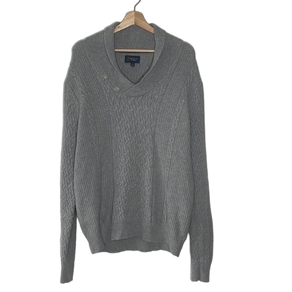 WALLIN & BROS Gray Lambswool Shawl Collar Cable Knit Sweater Size L